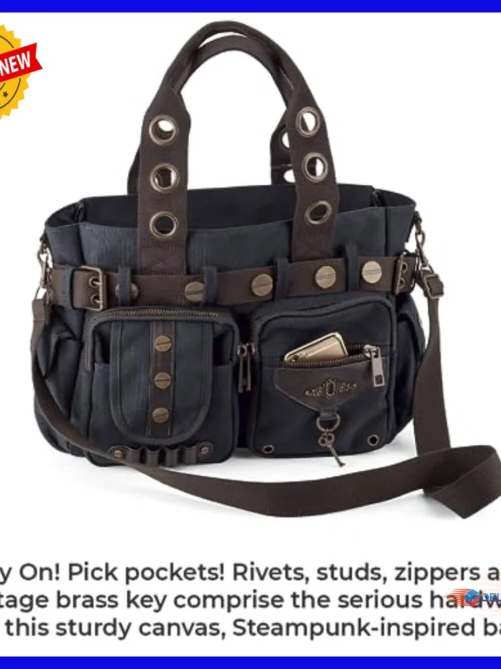Steampunk Canvas Hobo Handbag with Adjustable Strap, Multi-Pocket Design